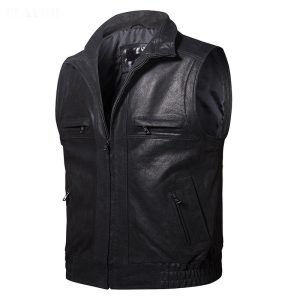 Men Leather Vest Stand Collar Zippered