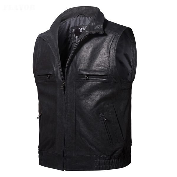 Men Leather Vest Stand Collar Zippered