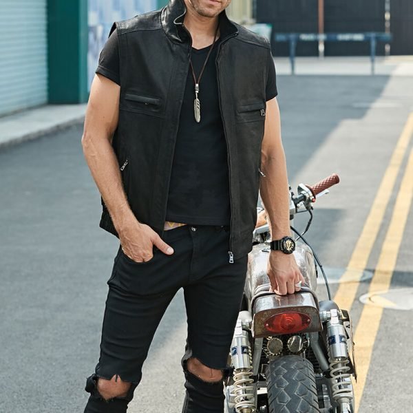 Men Leather Vest Stand Collar Zippered - Image 4