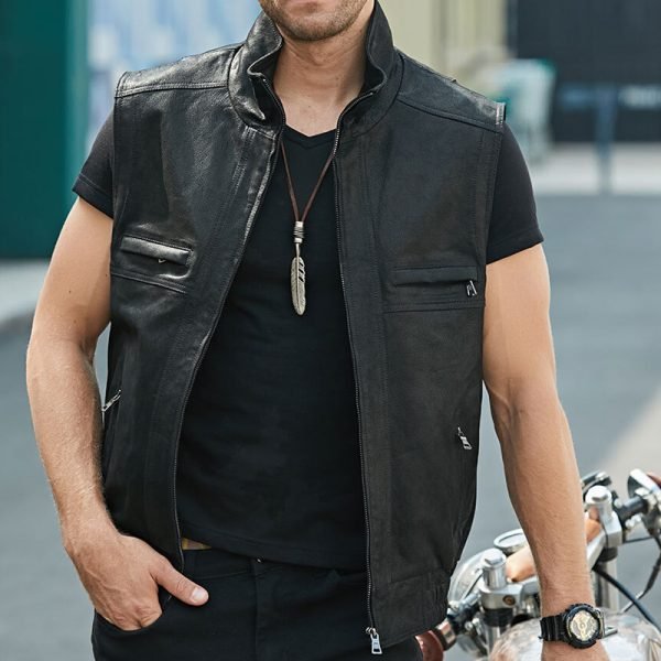 Men Leather Vest Stand Collar Zippered - Image 3