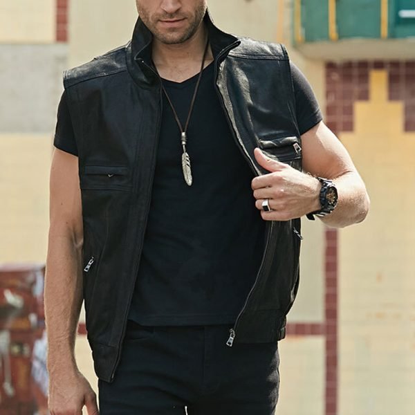 Men Leather Vest Stand Collar Zippered - Image 2