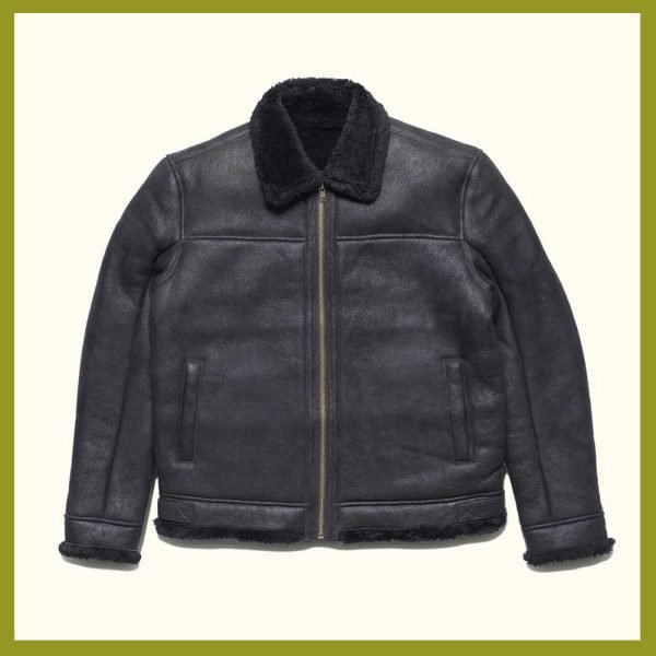 Shearling Sheepskin Fur Collar Leather Jacket with Zip