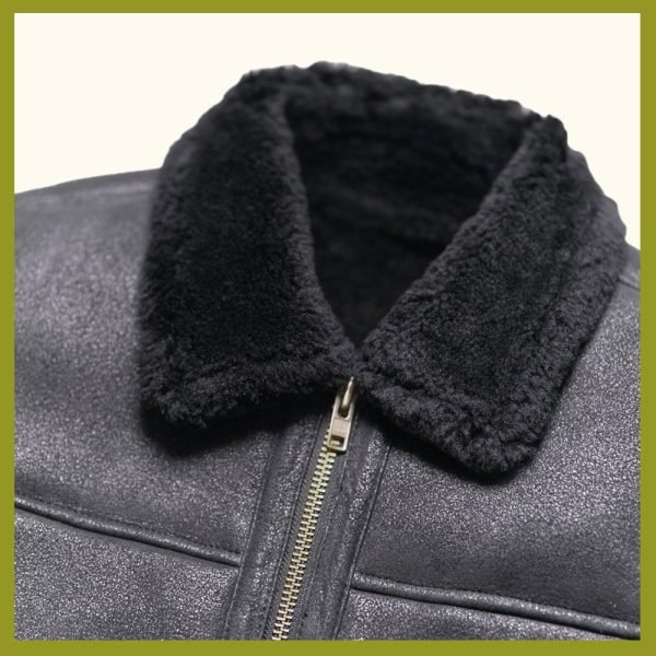 Shearling Sheepskin Fur Collar Leather Jacket with Zip - Image 3