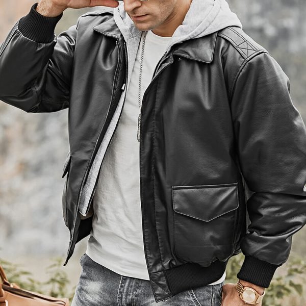 New Arrival Winter Warm Adult Size Men Leather Jacket Best Quality Solid Color Men Leather Jacket - Image 4