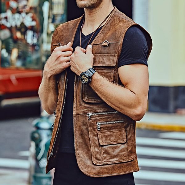 Motorbike Style Leather Vest Custom Design OEM Service High Quality Men's Leather Vest - Image 2