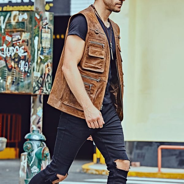 Motorbike Style Leather Vest Custom Design OEM Service High Quality Men's Leather Vest - Image 4