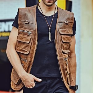 Motorbike Style Leather Vest Custom Design OEM Service High Quality Men's Leather Vest