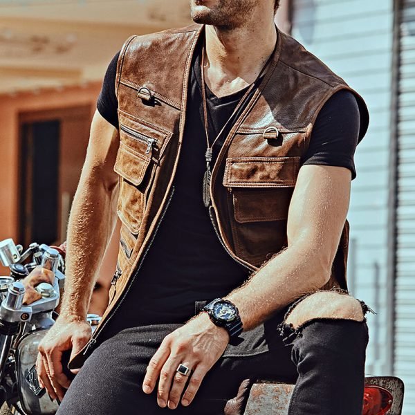 Motorbike Style Leather Vest Custom Design OEM Service High Quality Men's Leather Vest - Image 6