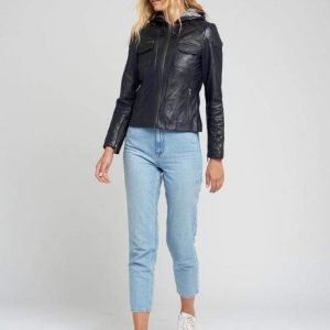 Genuine Leather Women's Jackets Casual Biker Jacket With Hood, Ladies Women Leather Jacket